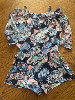 Lilly Pulitzer Navy Floral Off-Shoulder Romper with Pink & Aqua Accents